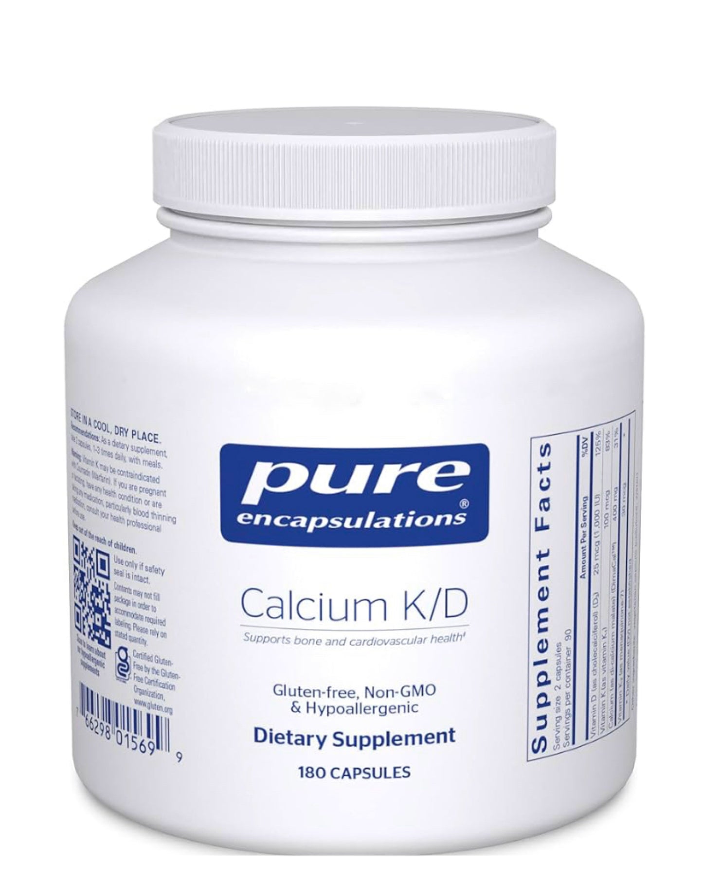 Pure Encapsulations Calcium K/D | Supplement for Bone Strength, Immune System, Colon, and Cardiovascular Health* | 180 Capsules